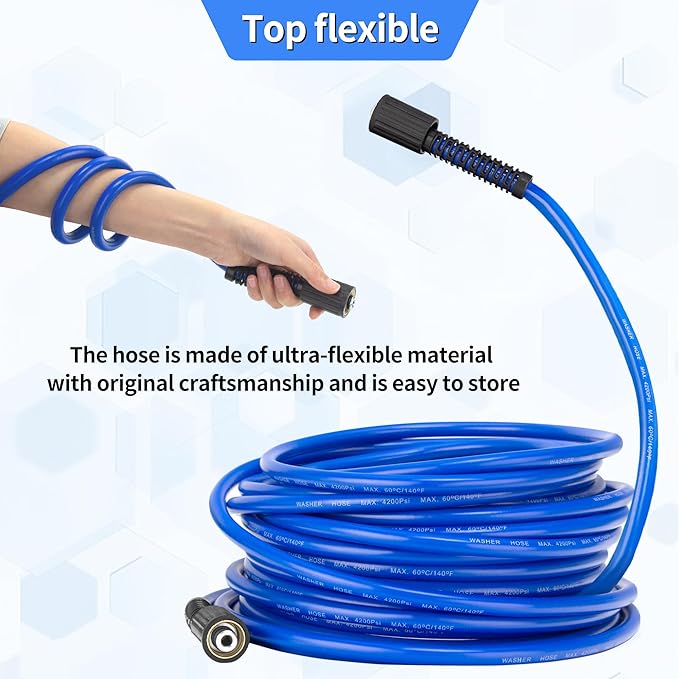 Pressure Power Washer Hose 30 FT x 1/4", Super Flexible Kink Resistant Car Washer Replacement with M22 Fittings & 3/8" Quick Connect Adapters for Ryobi Troy Bilt Flexzilla Greenworks & More, 4200PSI