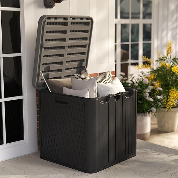 60 Gallon Outdoor Storage Box, Waterproof Patio Deck Box with Lockable Lid, Heavy-Duty HDPE Bench for Garden Tools, Cushions (Black, 60 Gallon)