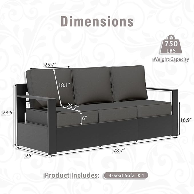3 PCS Aluminum Patio Conversation Set - Outdoor 3-Seater Sofa, 2 360° Swivel Chair with 6" Thick Water-insistant Cushions, All-Weather Use Frame, Removable Cover, Ideal for Garden, Poolside (Grey)