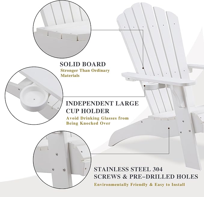Psilvam Adirondack Chair, Oversized Poly Lumber Fire Pit Chair with Cup Holder, 350Lbs Support Patio Chairs for Garden, Weather Resistant Outdoors Seating, Relaxing Gift for Father & Mother (2,White)