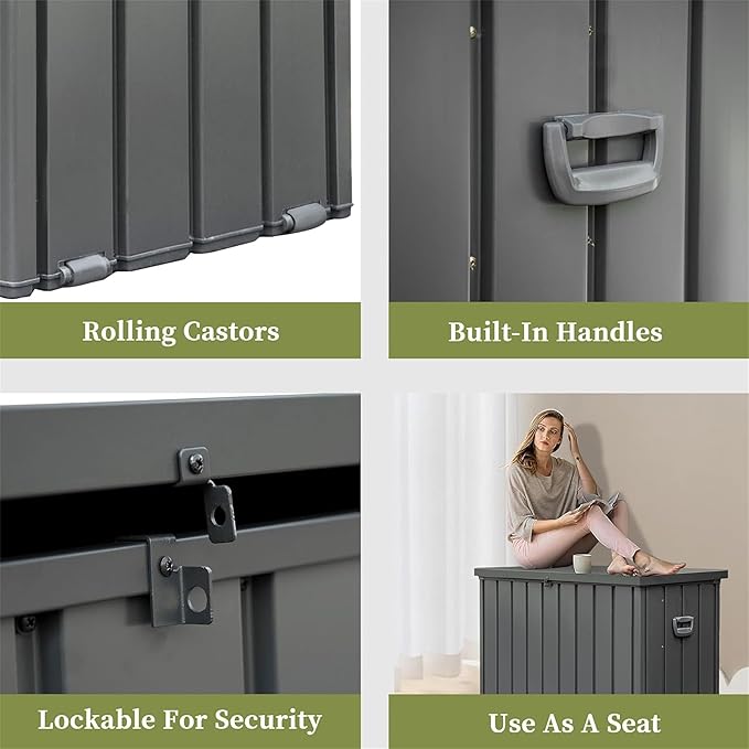 JOSHEN 200 Gallon Outdoor Storage Deck Box with Lockable and Mobile Roller,Large Steel Container Bin with Waterproof and UV Resistant for Garden,Patio,Dark Gray