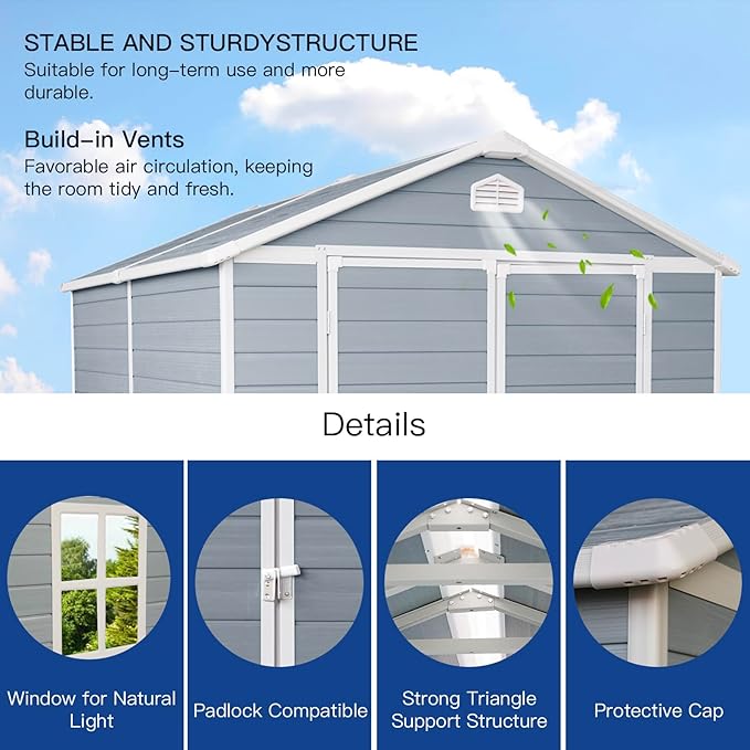 JT 6×8ft Resin Outdoor Storage Shed,Outdoor Storage Shed with Floor & Window to Store Patio Furniture, Garden Tools Bike Accessories, Beach Chairs and Lawn Mower. (6ft×8ft)