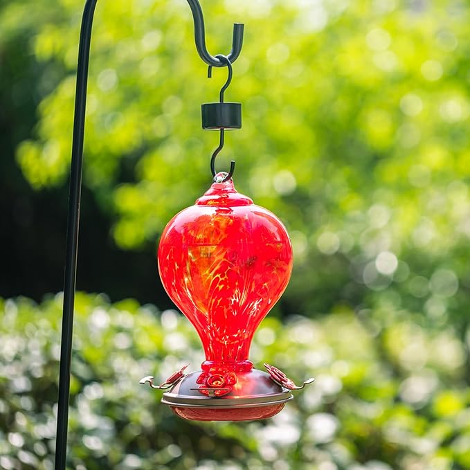 2 Packs Hummingbird Feeder for Outdoors Hanging Ant and Bee Proof, 34OZ 32OZ Hand Blown Glass Hummingbird Feeders for Outside (Blue & Flame)