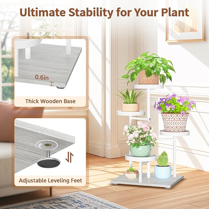 LASZOLA White 4 Tier Plant Stand Indoor Heavy Duty Rack for Modern House Planter, Metal and Wooden Vertical Organizer Decor Narrow Bathroom Floor, Sturdy Multi Level Flower Holder Raised, Cat Proof