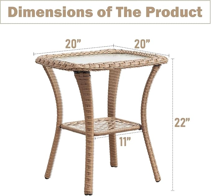 Outdoor Side Tables for Patio, Wicker/Rattan End Tables, Outdoor Wicker Side Table, Yellow Rattan Glass Top Patio Side Table
