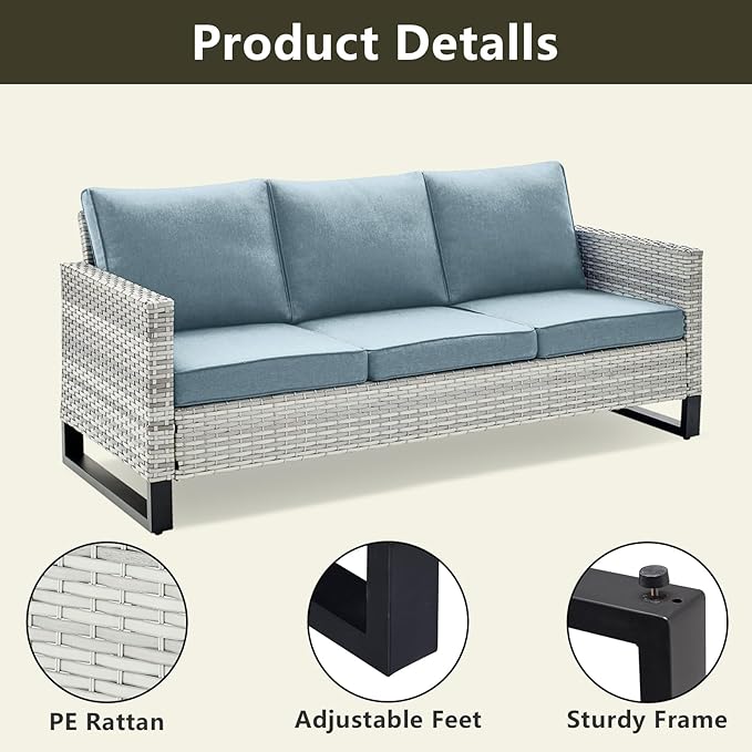 Rilyson Wicker Outdoor Patio Furniture Set - 5 Piece Patio Conversation Set with 2 Wicker Armrest Chairs,2 Rattan Ottoman and 1 Couch for Outside Porch Deck Backyard Garden(Light Grey/Sky Blue)