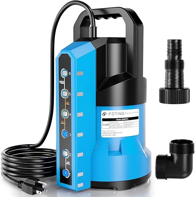 FOTING Sump Pump 3/4HP Automatic Submersible Water Pump 4 Mode, 2400GPH Thermoplastic Electric Portable Transfer Water Pump for Swimming Pool Garden Pond Basement with 16ft Long Power Cord