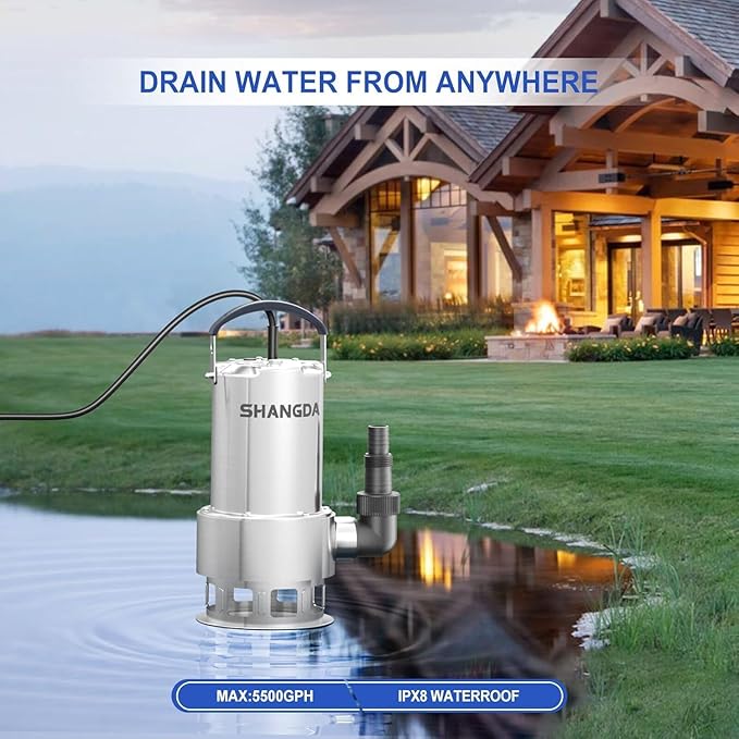 Sump Pump 1.6HP Submersible Water Pump 5500GPH Stainless Steel Electric Clean/Dirty Water Draining Transfer Pumps with Adapters for Pool Hot Tub Pond
