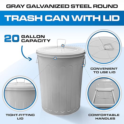Plexon Large Metal Trash Can with Lid 20 Gallon, Decorative Outdoor Trash Can Heavy Duty Galvanized Metal Bucket with Lid for Garage Workshop Ash Storage Farmhouse, Gray