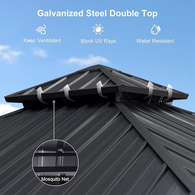 PURPLE LEAF 10'x10' Hardtop Gazebo with Lights Aluminum Double Roof Galvanized Steel Outdoor Patio Gazebo with Included Netting and Curtains for Backyard Garden Grey