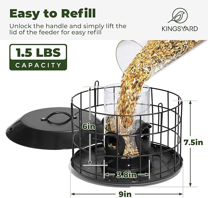 Kingsyard Mesh Caged Bird Feeders for Outdoor Hanging, Tube Squirrel Proof Bird Feeders with Tray for Small Birds Finches Bluebird, Rain Proof Covered, 4 Feeding Ports, Black