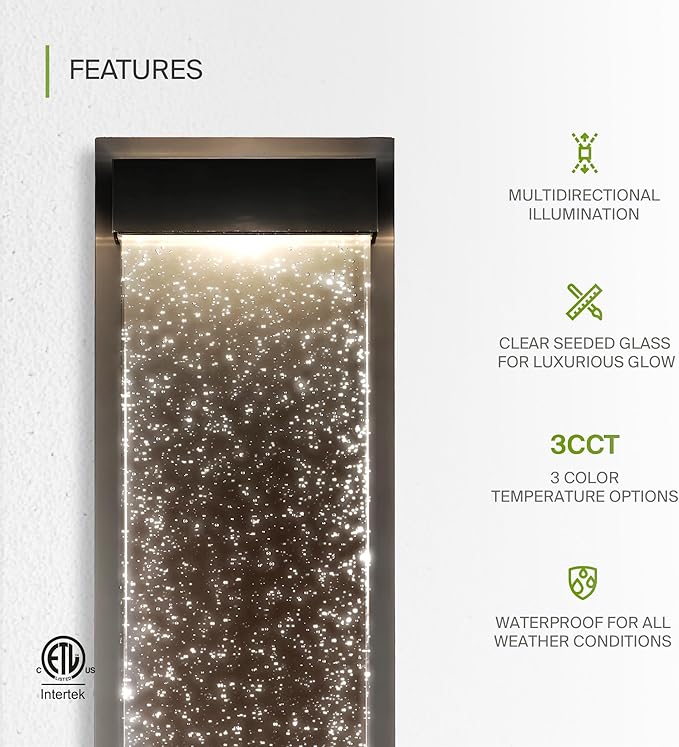 ASD LED 24 Inch Bubble Glass Wall Light Fixture | 22W 530LM 3000K-5000K 100-277V | 3CCT, Waterproof, Dimmable, Up-Down Glow, ETL Listed | Exterior Flush Mount Sconce, Outdoor-Indoor Lighting | Black