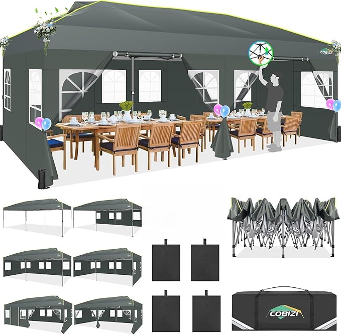 COBIZI 10x20 Pop Up Canopy with 6 Sidewalls One Push Setup Outdoor Event Shelter Waterproof UPF 50+ Gazebo Tent with Carry Bag,Air Vent,Sandbag for Commercial, Wedding, Party,Grey
