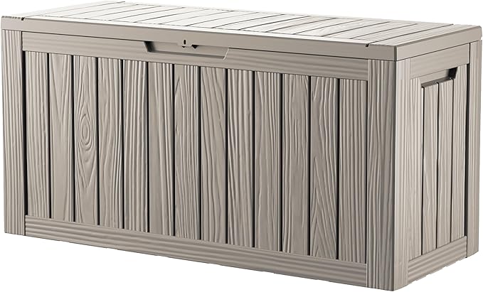 80GAL Brown Outdoor Deck Box with Lockable Compartment - Waterproof, SGS - Tested UV Resistance, Ample Space for Patio Furniture Covers and Outdoor Toys, Simple Setup