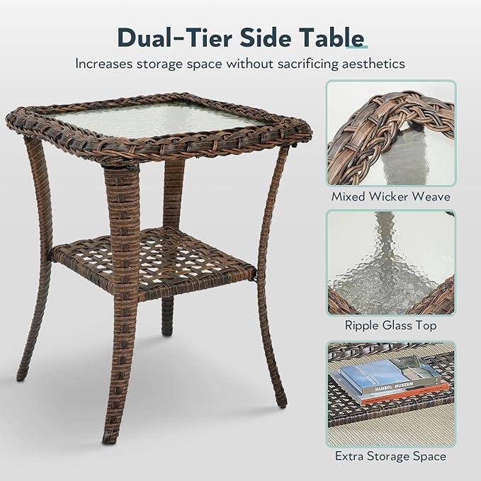 5 Pieces Wicker Patio Furniture Set - Hollow Widen Armrests Outdoor Rattan Chairs with Ottomans and Side Table, Small Patio Convention Set for Balcony Porch Deck and Yard - Brown/Gray