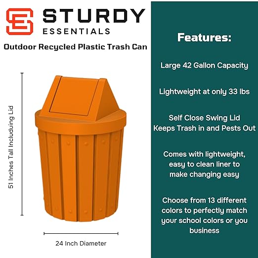 42 Gallon Round Slatted 100% Recycled Plastic Indoor or Outdoor Commercial Trash Can with Easy Access Swing Top Lid | Great for Schools and Businesses - Orange
