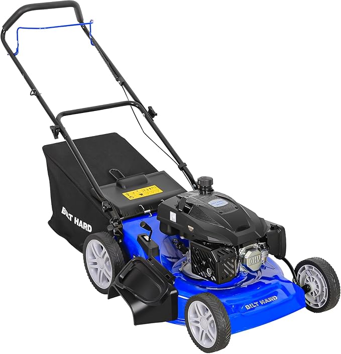 BILT HARD 21 Inch 201cc 4-Cycle Engine Push Lawn Mower, 3-in-1 Gas Lawn Mower with Bagging, Mulching and Side Discharge, Easy Start with Adjustable 8-Positions Cutting Height for Lawn, Yard, Garden