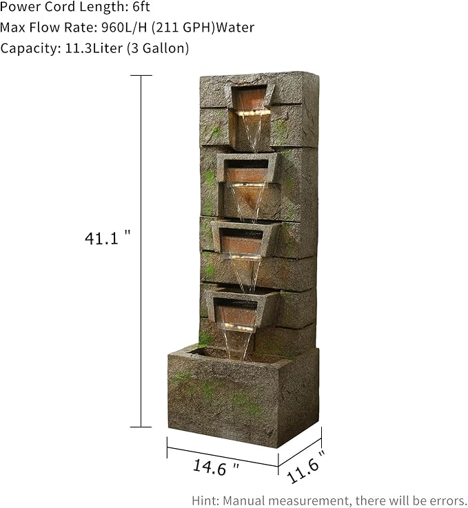 41.1" Outdoor Water Fountains Modern Fountain with LED Lights with Water Pump 4 Tier Floor Standing Outdoor Waterfall Fountain for Garden, Yard, Home Decor, Patio, Yellow