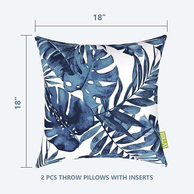 LVTXIII Outdoor/Indoor Throw Pillows, Decorative Throw Pillows with Inserts, 18”x18” Square Pillows for Bed, Couch, Sofa and Patio Furniture (Set of 2, Palm Blue)