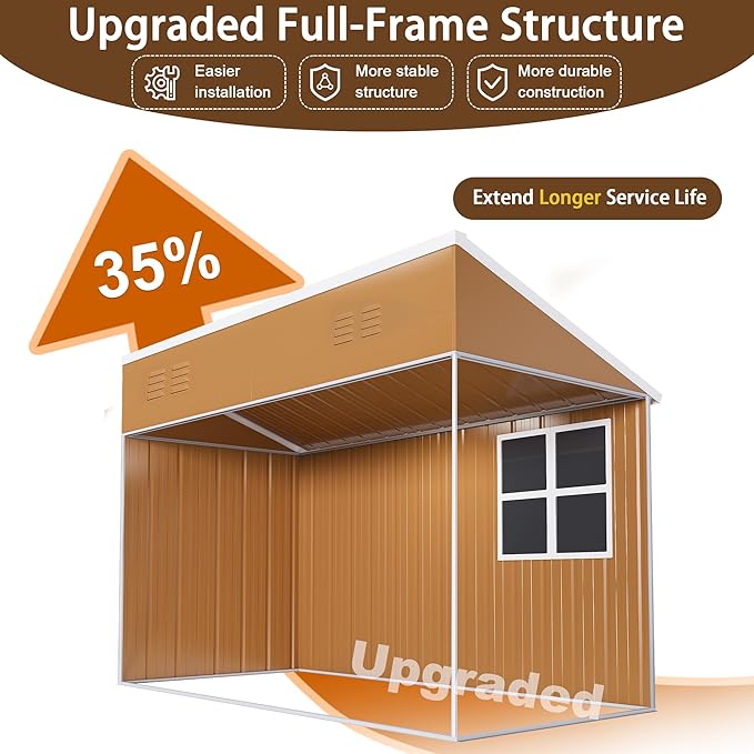 8x4 FT Outdoor Storage Shed, Metal Shed with Floor, Lockable Door, Sloping Roof, All-Weather Lean to Resin Shed for Garden, Backyard, Patio, Lawn (Khaki)