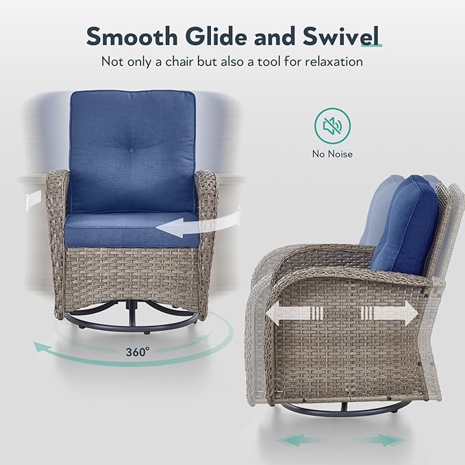 Outdoor Swivel Glider Rocker Chairs - 3 Piece Wicker Patio Furniture Set, All Weather Patio Bistro Sets with Glass Side Table for Balcony Porch Deck Backyard - Grey Wicker Blue Cushion