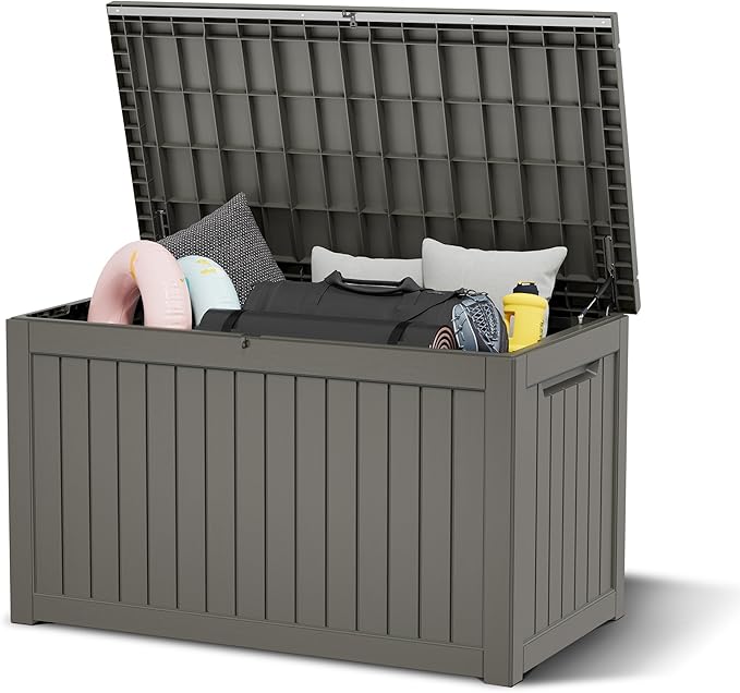 NUNU LAB 230 Gallon Outdoor Storage Box, Large Resin Deck Box with Lockable Lid, Waterproof & UV-Resistant Patio Storage Bin for Garden Tools, Pool Accessories & Furniture, Grey