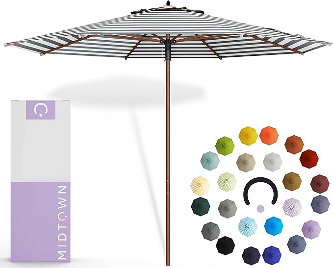 Midtown Umbrellas The Wooden 10 Feet Patio Umbrella With Terylast Zebra (Black/White Stripes) Polyester Fabric - Aluminum Frame Market Umbrella For Backyard, Deck, Garden, Pool - Wooden Pole