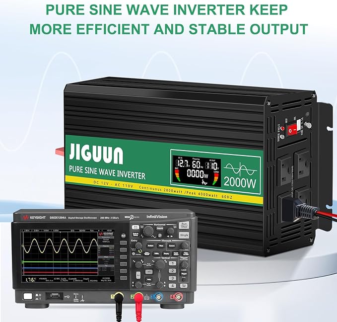 JIGUUN Power Inverter 2000 Watt, DC 12V to AC 120V Pure Sine Wave Inverter with LCD Display, 4 AC Outlets&USB Output, Power Converter with Remote Control for RV Emergency Camping. (PRO2000W-12)