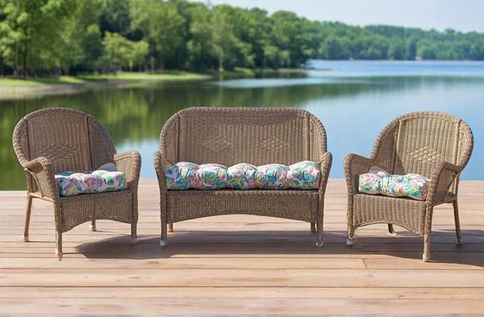 RSH DECOR: Sunbrella Tufted Wicker Loveseat Cushion | 41” x 19" | Water and Fade-Resistant Performance Fabric | Outdoor Settee Cushion for Patio Furniture | Canvas Antique Beige