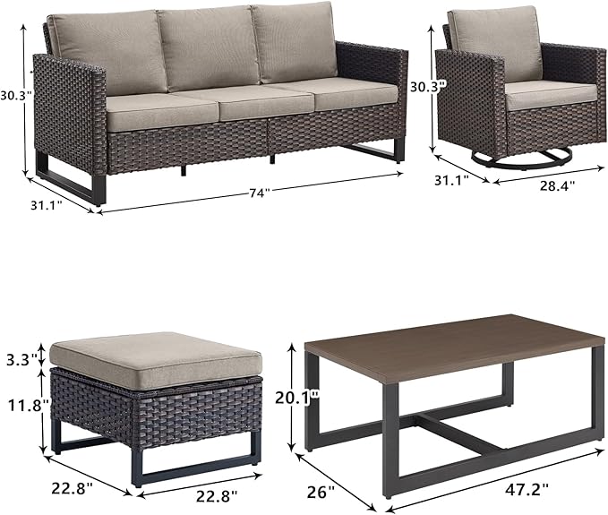 Rilyson Wicker Outdoor Patio Furniture Set - 6 Piece Patio Conversation Set with 2 Swivel Rocker Chairs,2 Rattan Ottoman,1 Couch and 1 Metal Coffee Table for Outside Porch Deck Backyard(Brown/Grey)