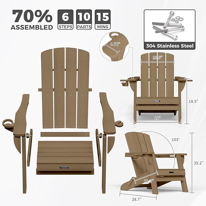 Folding Adirondack Chair Wood Texture 6 Pack, HDPE All-Weather Fire Pit Chairs, Plastic Adirondack Chairs with 2 Cup Holder, Outdoor Lawn Chair for Patio Garden (Teak)