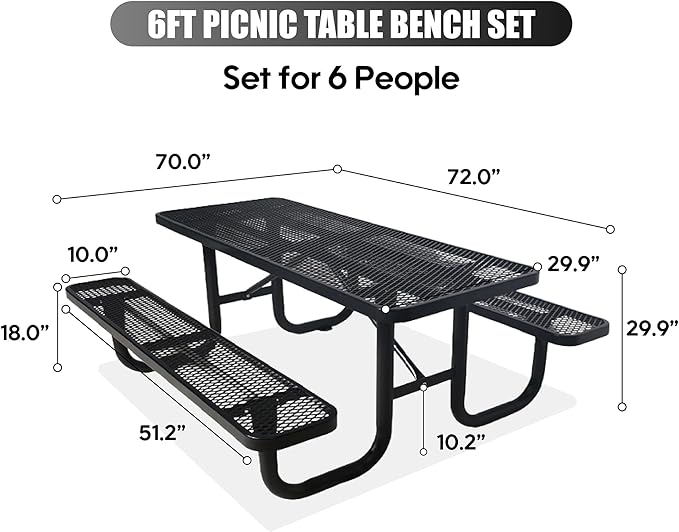 6FT Outdoor Picnic Tables,Heavy-Duty Metal Rectangular Picnic Table,Expanded Metal Commercial-Grade Table with 2 Benches & Umbrella Hole,Waterproof Coating Beach Table for Patio,Garden, Backyard