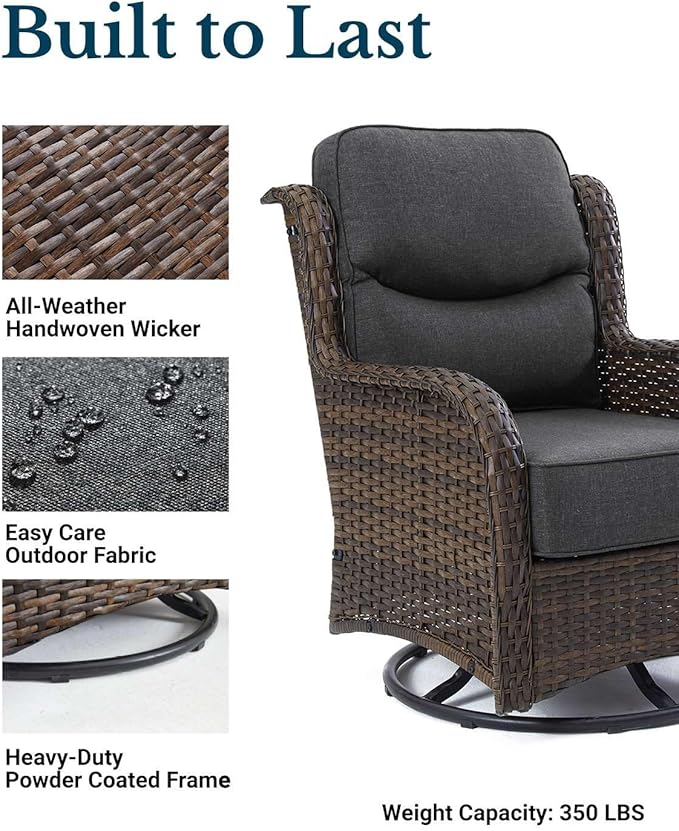 HILLGA Luxury Patio Furniture Set with 6-inch Thick Cushion, Outdoor High Back Swivel Rocker Patio Chairs, 2PCS Wicker Conversation Set for Deck Yard and Poolside, Dark Grey (V2)