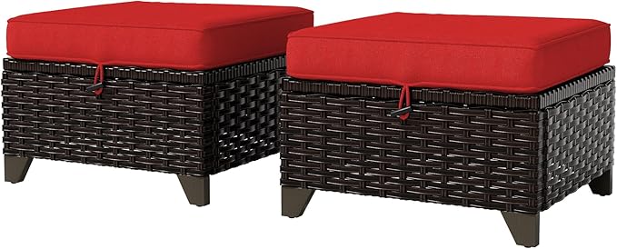 Vista Vibe 2 Pieces Patio Wicker Ottomans, Luxurious Footstools, Outdoor Small Footrest, Wicker Furniture with Removable Cushions,All-Weather PE Rattan, Garden, Backyard, Porch(Brown/Red)