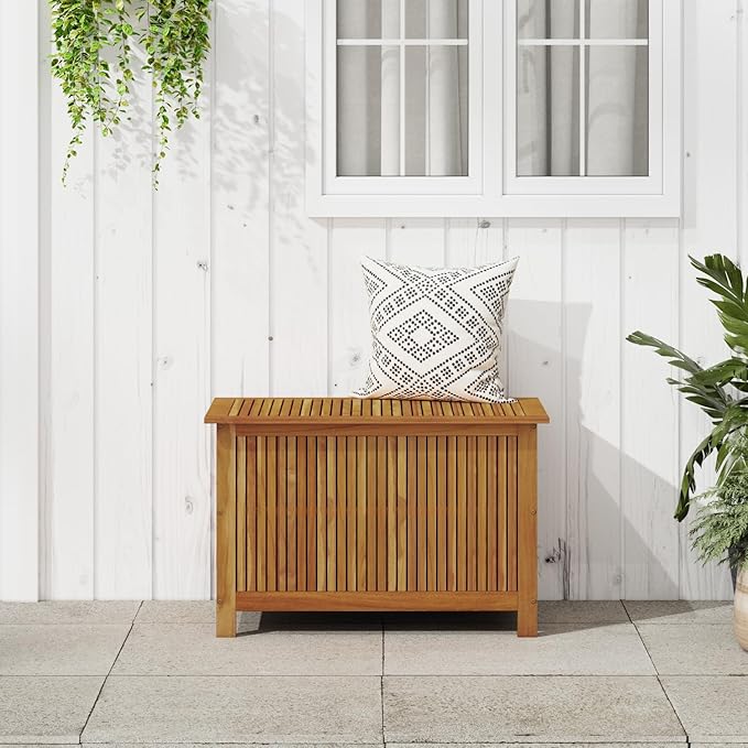 vidaXL Wooden Deck Box - Outdoor Teak Storage Chest, Ideal for Patio Furniture Cushions, Pool Accessories, Garden Tools - Water-Resistant Bag Inside - 35.4''x19.7''x22.8'', Solid Acacia Wood