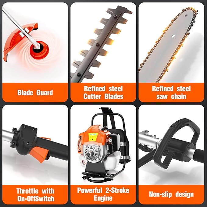 6 in 1 52cc Brush Weed Cutter Petrol Hedge Trimmer Grass Pruner Chainsaw Trimmer with Four Mowing Heads for Gardening Care
