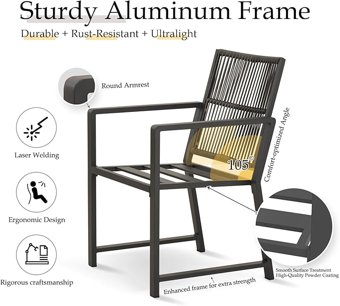 Aluminum Outdoor Patio Dining Chairs -Imitation Rope Vine Chair Ergonomic Backrest Design Detachable Seat Cushion Soft and Breathable Garden/Porch, Black 2Pcs