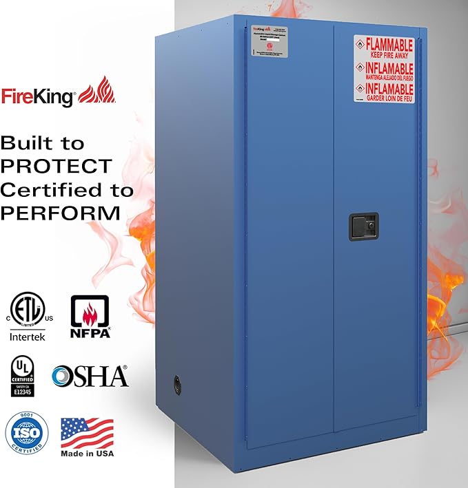 FireKing Blue Flammable Safety Cabinet, Corrosives Flammable Storage Cabinet, 60 Gallon Steel Safety Cabinets with Manual Door for Commercial, Industrial & Home Use, 34" x 34" x 65"