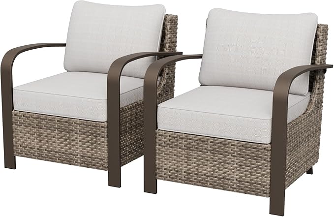 COOS BAY Aurora Terrace Outdoor Chairs with Cushions, Wicker Dining Set with Deep 4-Inch Seating, Modern Curved Armrest Porch Chairs, Set of 2, Beige/Beige
