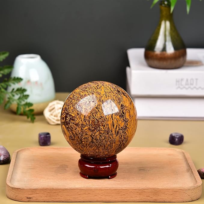JIC Gem Real Natural Crystal Sphere Ball with Wooden Stand for Fengshui Golden Jade Healing Crystal Ball Decoation Meditation Energy Reiki Ball (90-100mm)