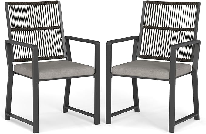 Aluminum Outdoor Patio Dining Chairs -Imitation Rope Vine Chair Ergonomic Backrest Design Detachable Seat Cushion Soft and Breathable Garden/Porch, Black 2Pcs