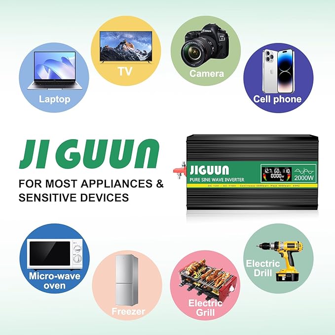 JIGUUN Power Inverter 2000 Watt, DC 12V to AC 120V Pure Sine Wave Inverter with LCD Display, 4 AC Outlets&USB Output, Power Converter with Remote Control for RV Emergency Camping. (PRO2000W-12)