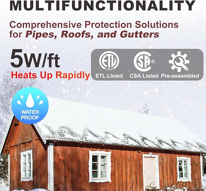 TDRD 160 feet Roof & Gutter Snow De-Icing Kit, 5W/ft Heat Tape for Roof and Gutters Ice Dam Prevention with 6 ft Power Cold
