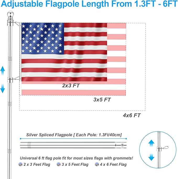 6 FT Metal Flag Pole Kit for Outside House w/ 2-Position Holder Bracket & 360° Rotating Flagpole Rings, 1" Stainless Steel Spinning Outdoor Porch Wall Mounted Flag Poles for 3x5 4x6 Flag(6 FT, Silver)