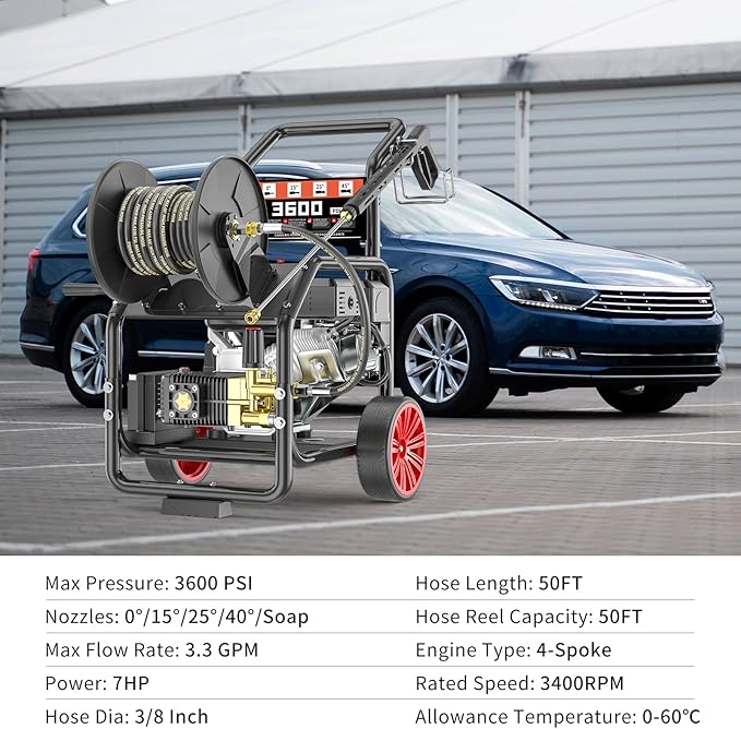 3600PSI Gas Pressure Washer with Hose Reel, 3.3 GPM, One-Button Electric Start 212cc 7HP Commercial Pressure Washer with 50FT 3/8" Hose, Spray Gun & Wand, 5 Quick Connect Nozzles