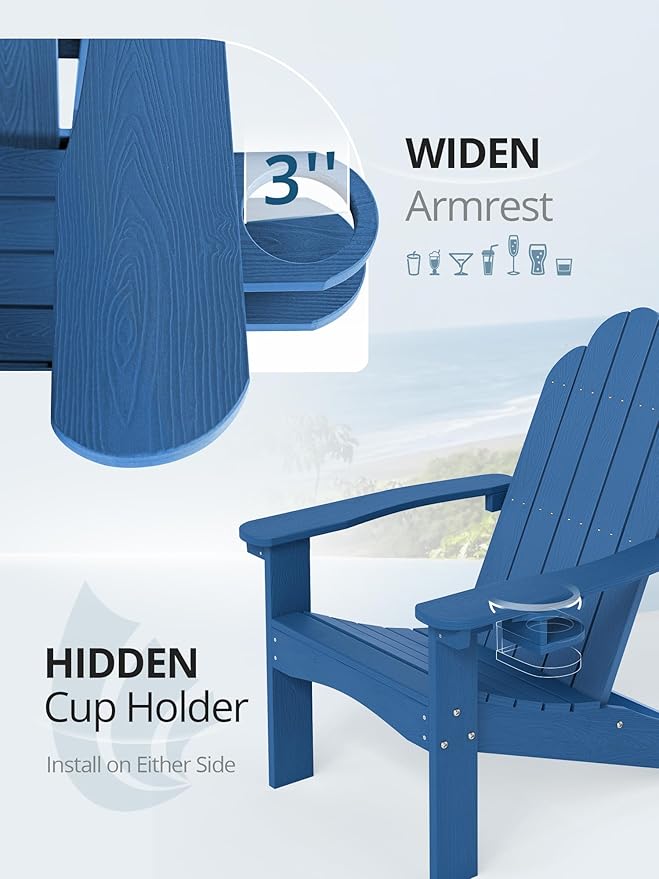 LUE BONA HDPE Adirondack Chairs Set of 4,Plastic Adirondack Chairs with Cup Holder Weather Resistant for Outdoor, Patio, Lawn, Garden, Backyard Deck, Fire Pit, Blue