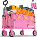 Wagons Carts Foldable, Lightweight Portable Utility Shopping Cart with Wheels, Folding Grocery Wagon Cart for Grocery, Camping, Shopping, Beach, Garden, Sports Pink