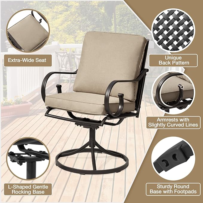 MELLCOM Patio Swivel Chair Set of 2, Heavy Duty Outdoor Dining Chairs with Thickened Cushions, Metal Patio Chairs Gentle Rocker for Outside, Khaki
