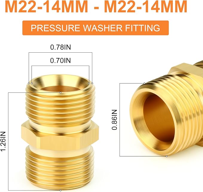 GASHER 2Pcs Brass M22 Pressure Washer Fitting,M22-14mm Male x M22-14mm Male Thread Fittings,For Pressure Washer Hose