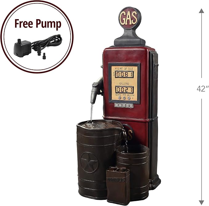 Teamson Home Vintage Gas Station Statue 3 Tiered Floor Waterfall Fountain with Pump for Outdoor Patio Garden Backyard Decking, 42 Inch Height, Dark Red